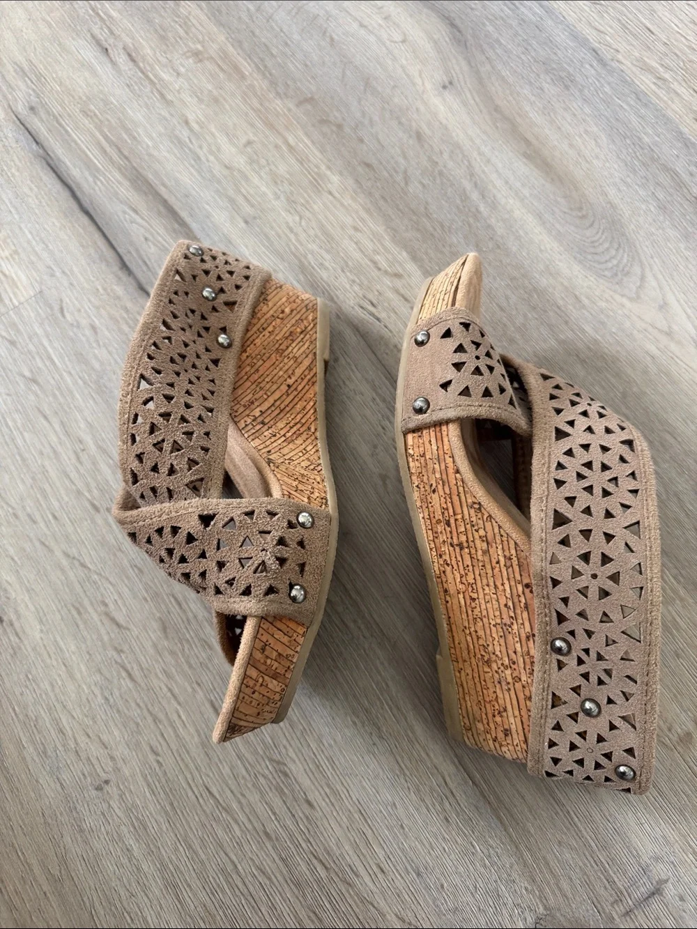 Minnetonka Taupe Suede Laser-Cut Crisscross Slide Sandals